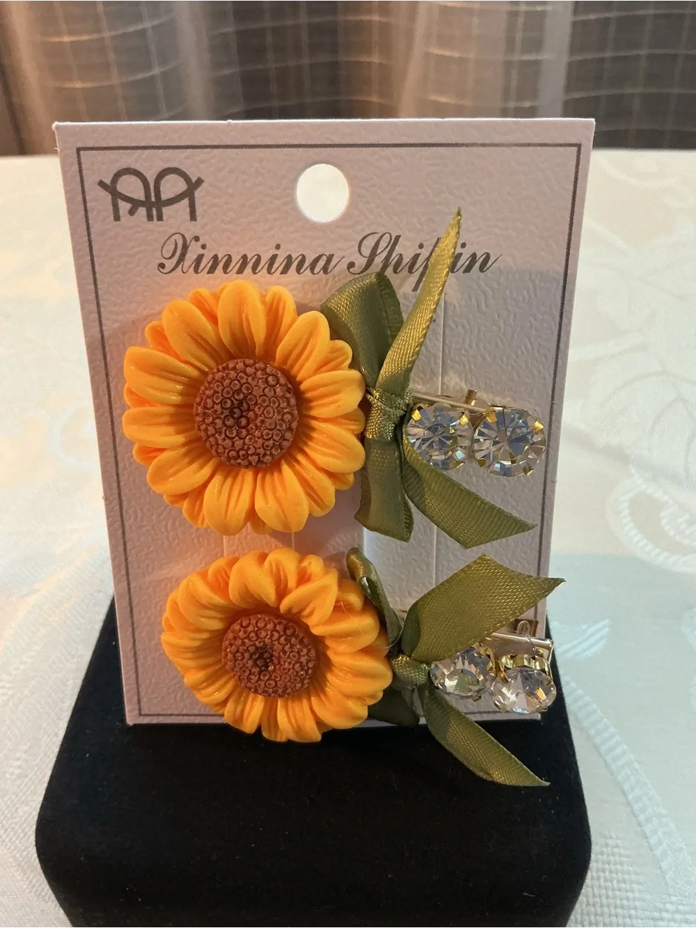 Pierina Sunflower Hair Clips with Green Bow and Rhinestones